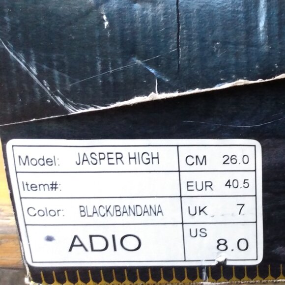 Adio Skate Jasper High Men Size 8 US Black/Bandana LP 9562 Sales Sample Denim
